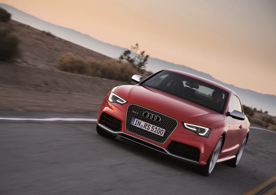 Red Audi RS5 V8 facelift front three-quarter view showcasing its timeless design