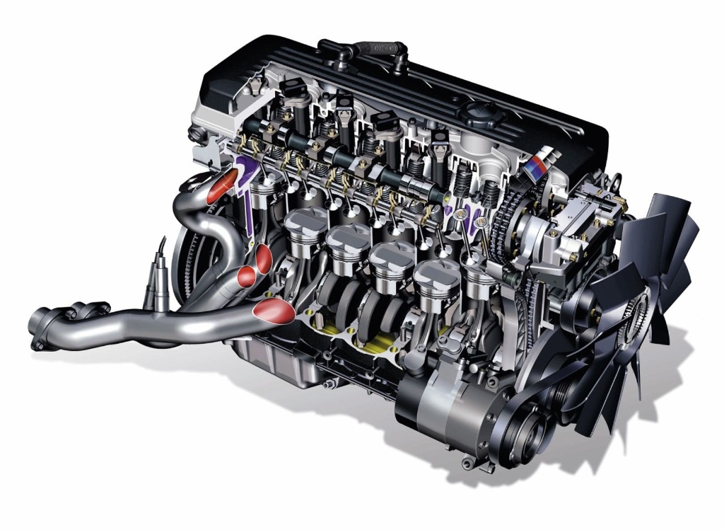 Technical cutaway drawing of the S54 engine block