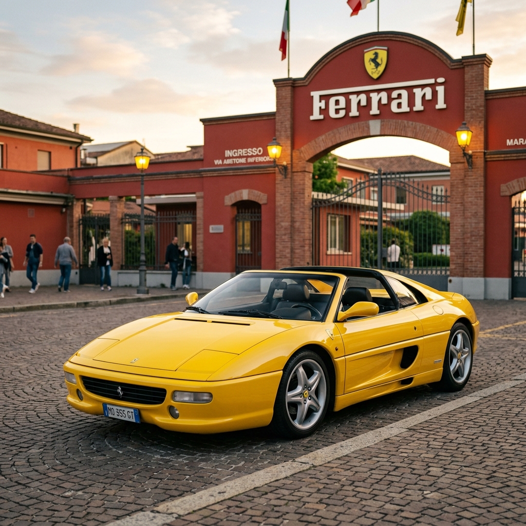 Ferrari F355 GTS in Giallo Modena yellow in front of the Maranello factory - Gated manual gearbox