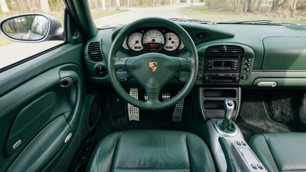 Porsche 911 (996) Turbo cockpit featuring full Nephrite Green leather upholstery