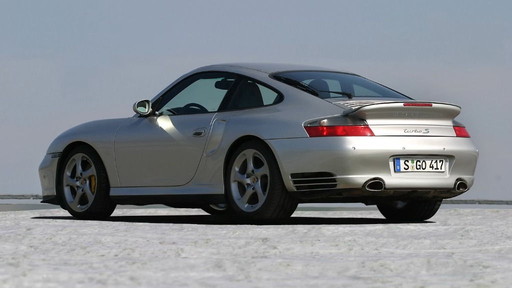 Grey Porsche 911 (996) Turbo S Coupe rear three-quarter view with Turbo S badge